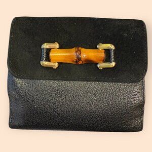 Authentic Gucci Leather & Suede Wallet with Bamboo Accent | Black